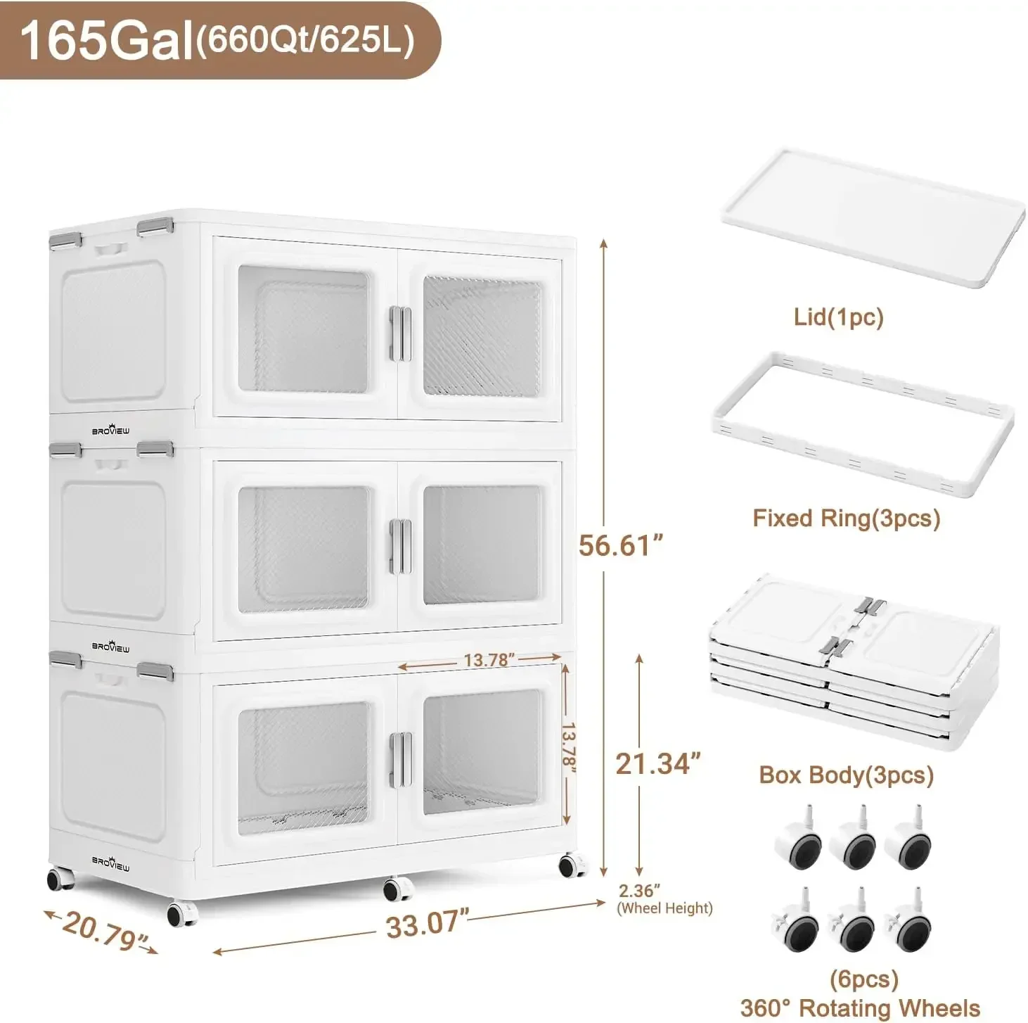 

165Gal Extra Large Storage Bins with Lid, 660Qt Plastic Stackable Storage Bins with Wheels,Storage Cabinets 3 Pack, White