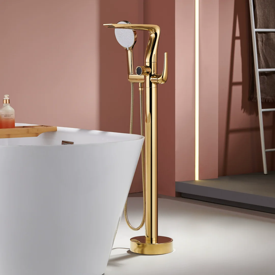 Rose Gold Bathtub Faucet Set Brushed Gold Floor Standing Bathtub Mixer Black Bathtub Faucet Rotation Spout with Handshower Head