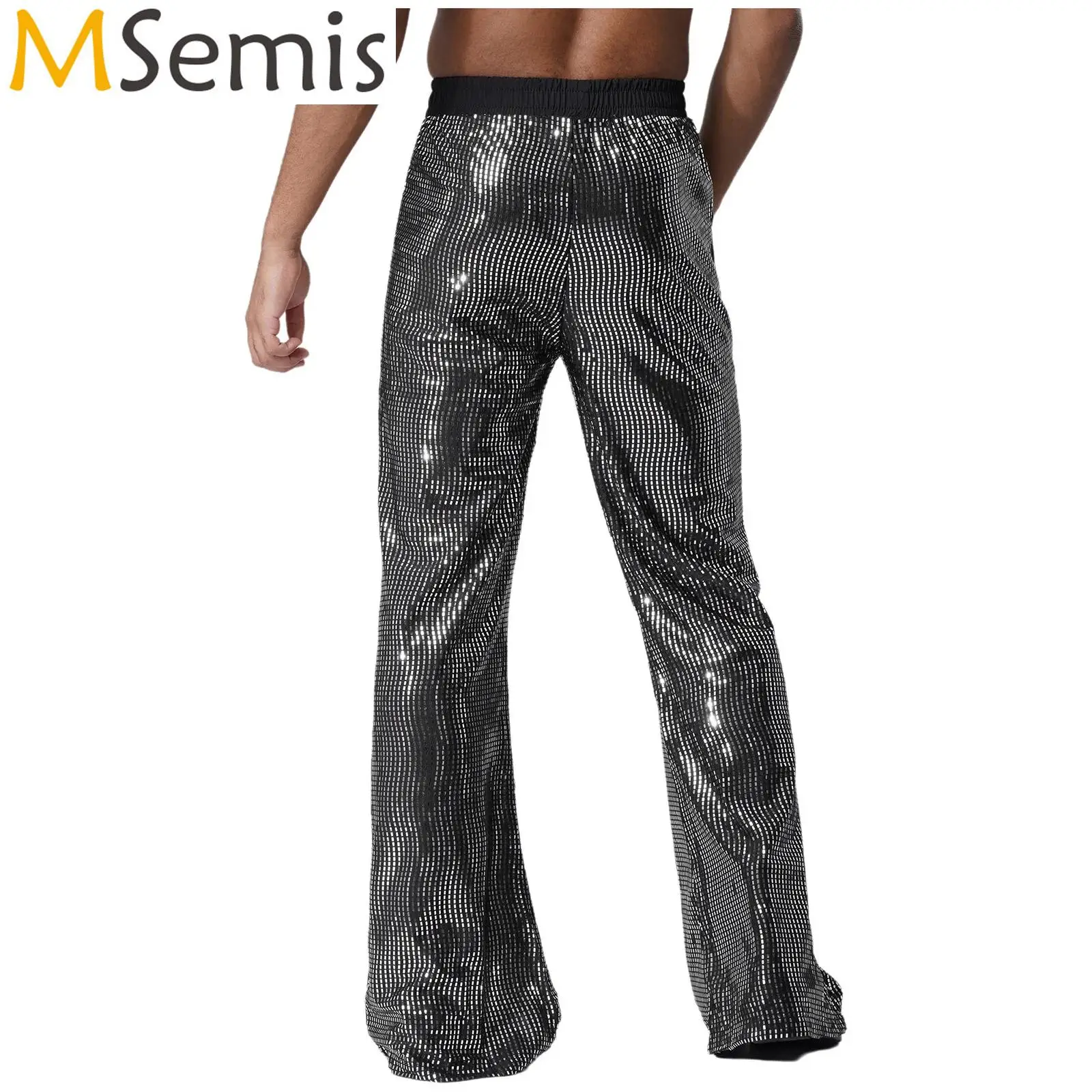 Mens Glittery Sequin Flared Pants Jazz Dance Costume Elastic Waist Bell Bottom Long Pants Trousers Clubwear For Music Festival