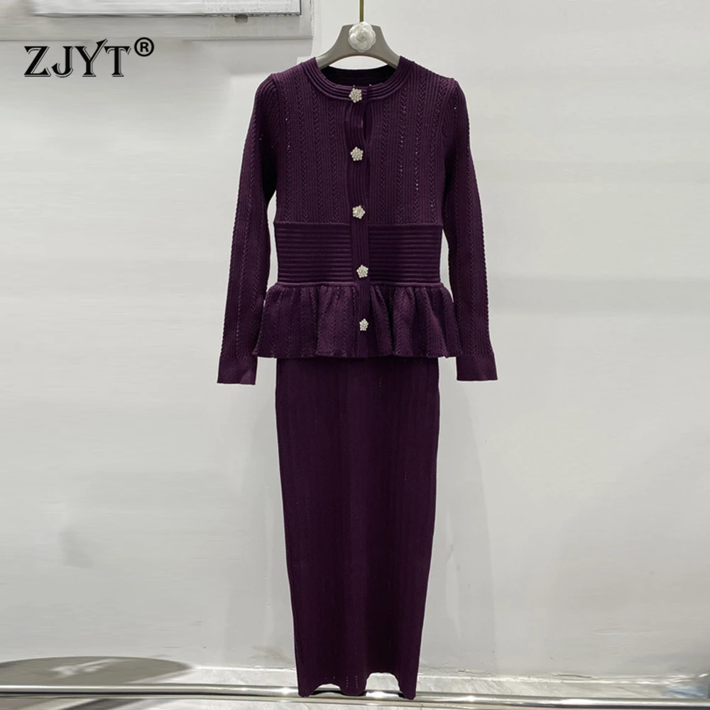 

ZJYT New Fashion Women Hollow Out Knitted Sweater Dresses Autumn Winter Flare Sleeves Ruffles Patchwork Midi Party Dress Purple