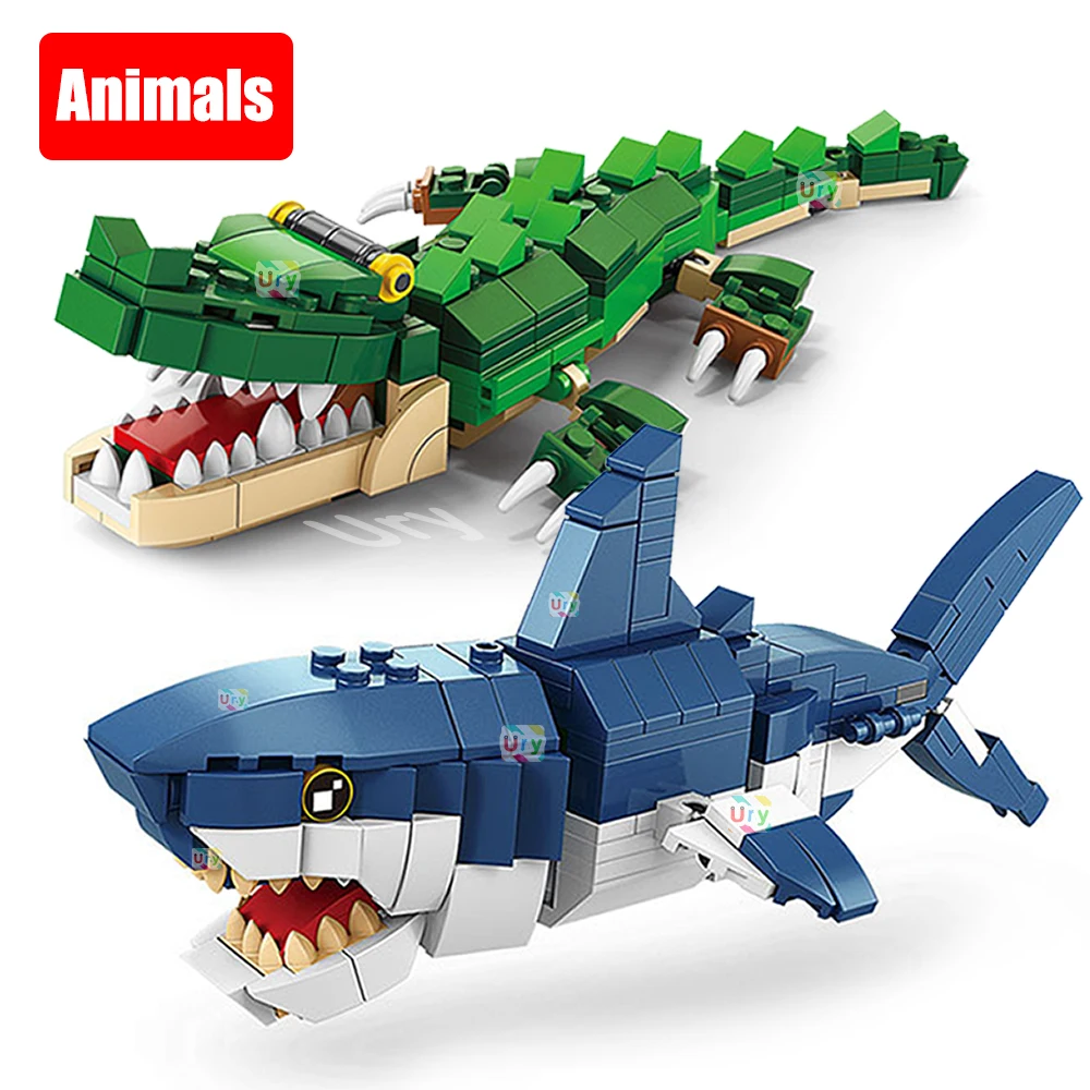 

Moc Ocean Marine Fish 3in1 Animals Shark Tiger Owl Crocodile Model Set Building Blocks Diy Children Assemble Toy for Kid Gift