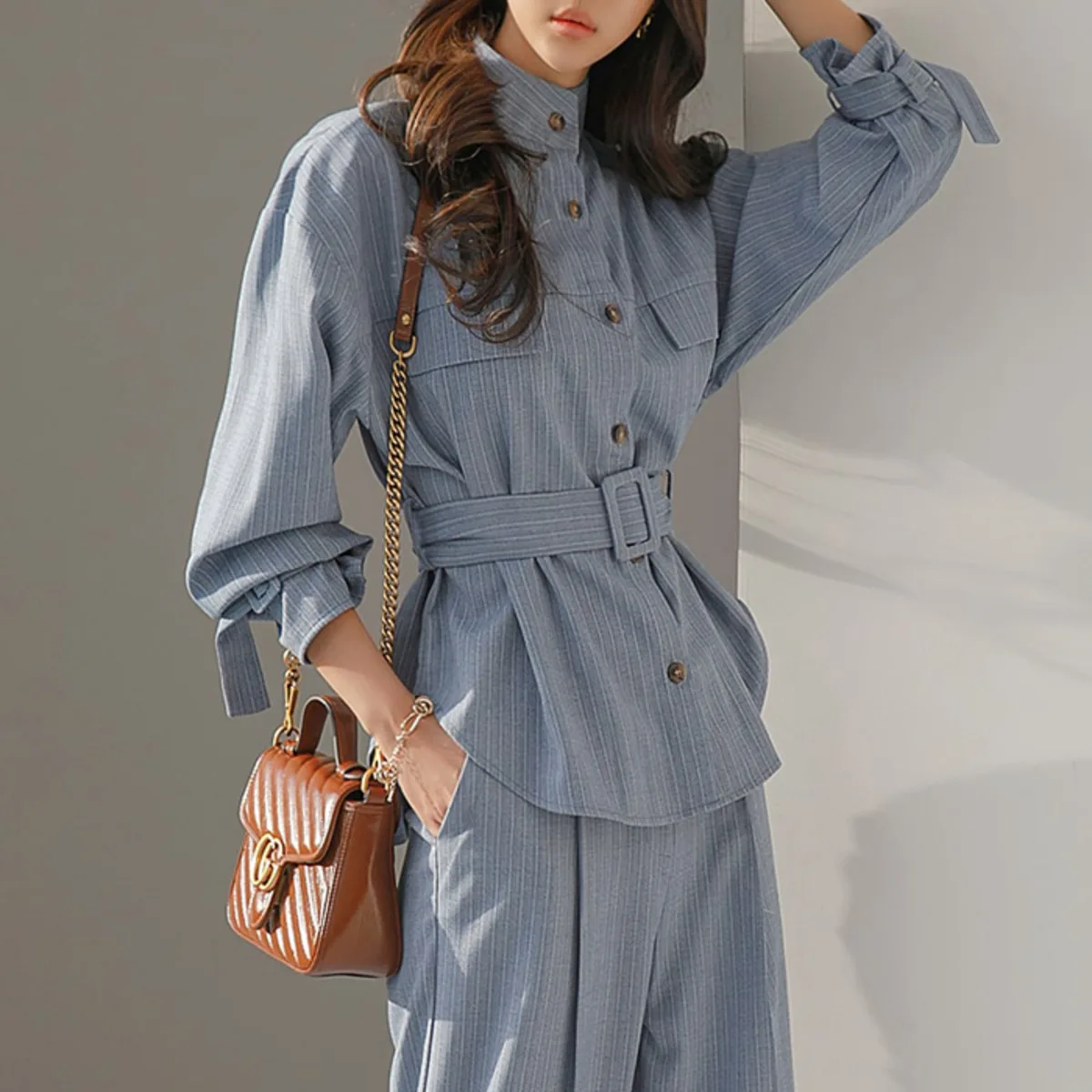 KWTX Elegant Women's Striped Long Sleeve Blouse, Tie Waist Slim Fit Shirt, Fall Fashion Tops With Cuff Ties, Chic Casual Wear