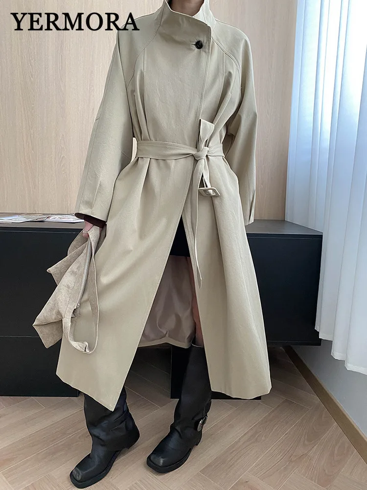

YERMORA Autumn New Women's Brief Belt Trench Coat Lapel Long Sleeve Loose New Khaki Windbreaker Fashion Tide Spring 2025