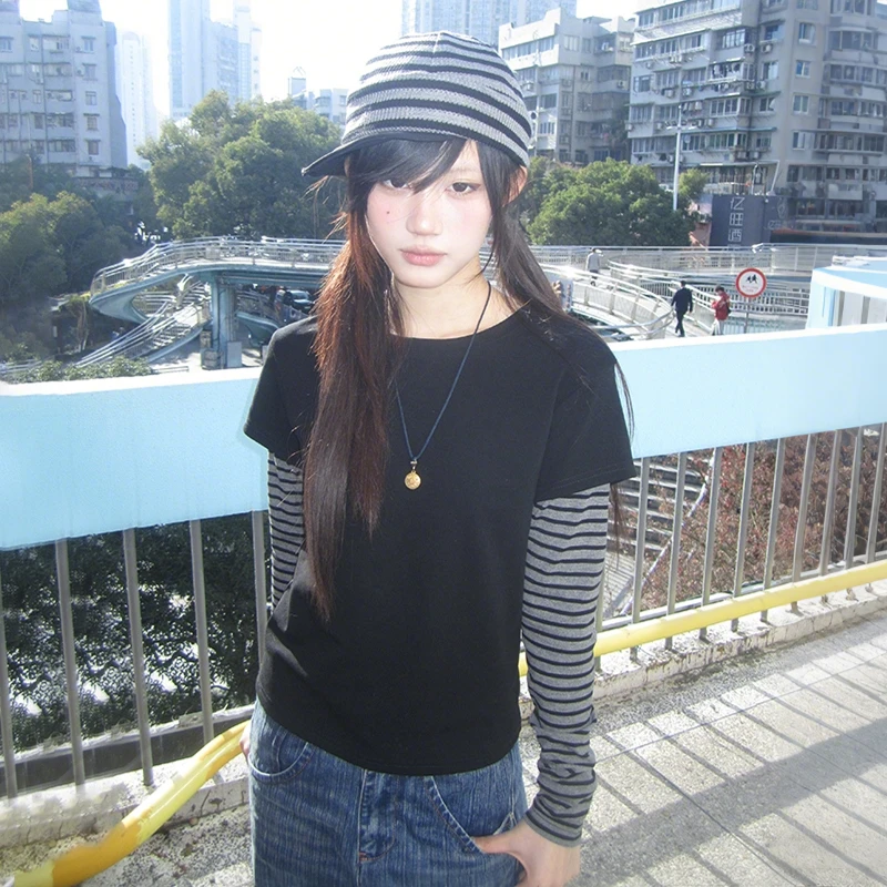 Karrram Japanese Y2k Fake Two-piece Tops 2000s Style Long Sleeve Knitted T-shirt Vintage Harajuku Knit Streetwear American Retro