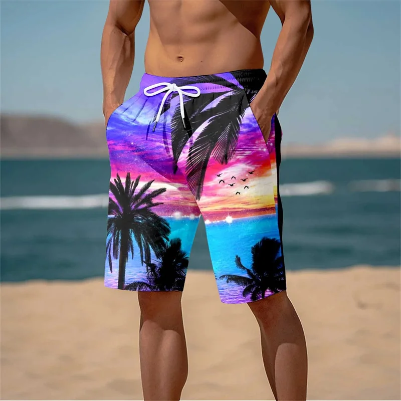 Summer New Harajuku 3D Cocoanut Trees Printing Beach Shorts Palm Tree Graphic Board Shorts For Men Hawaiian Cool Swimming Trunks