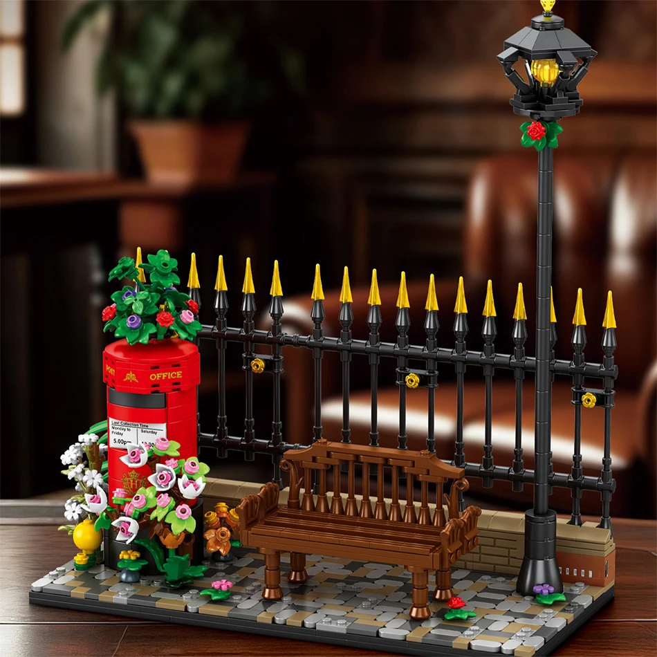 

Винтажный британский почтовый ящик-конструктор, ретро-почтовый ящик, европейский уличный пейзаж, длинная скамья, кирпичики, настольное украшение, игрушки для детей, подарок