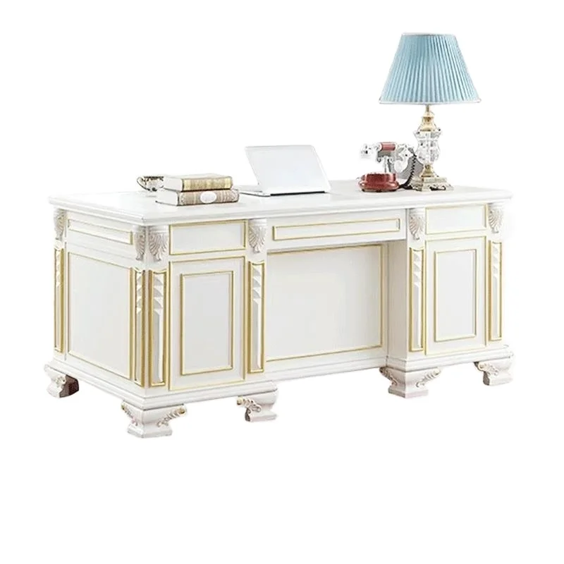 #American Solid Wood European Style Carved Distressed Oak Surface Desk with Storage and Bookshelf for Office and Study