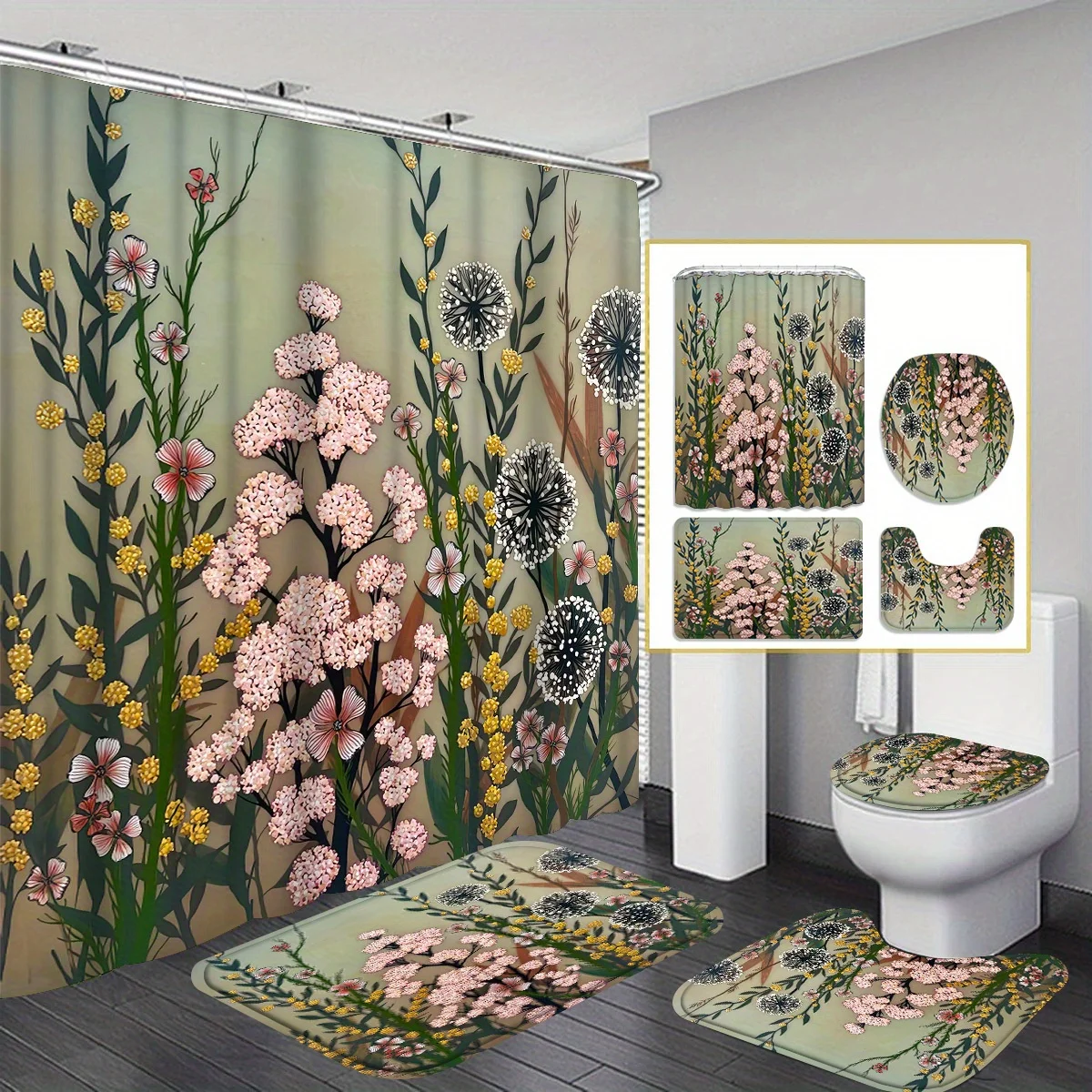 

Retro Decorative Shower Curtain Bathroom Set - Machine Washable, with 12 Hooks, including Toilet Seat Cover and Bathtub Mat