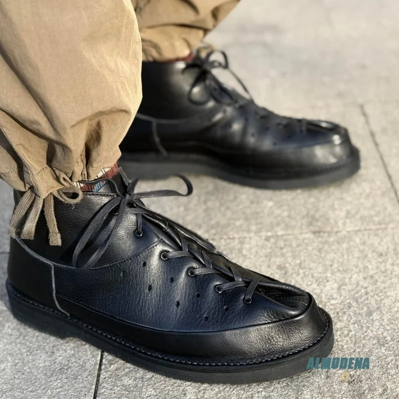 Breathable Leather Men's Minimal Ankle Chelsea Boots Round Toe Lace-Up Low-Profile Sneakers Urban Versatile Casual Shoes