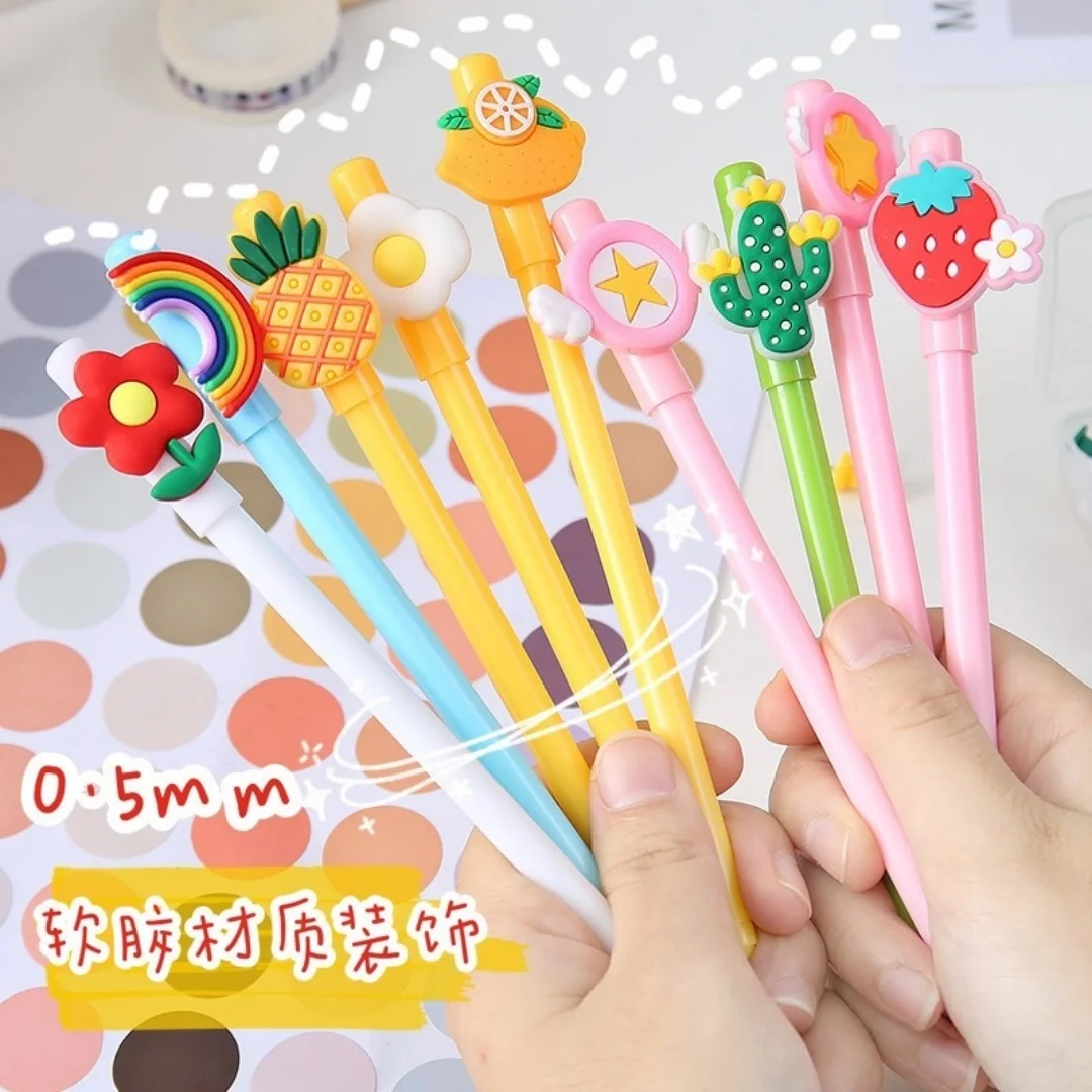 Cute Cartoon Fruit & Rainbow Gel Pens, Kawaii Black Ink Pens for Students & Office Stationery