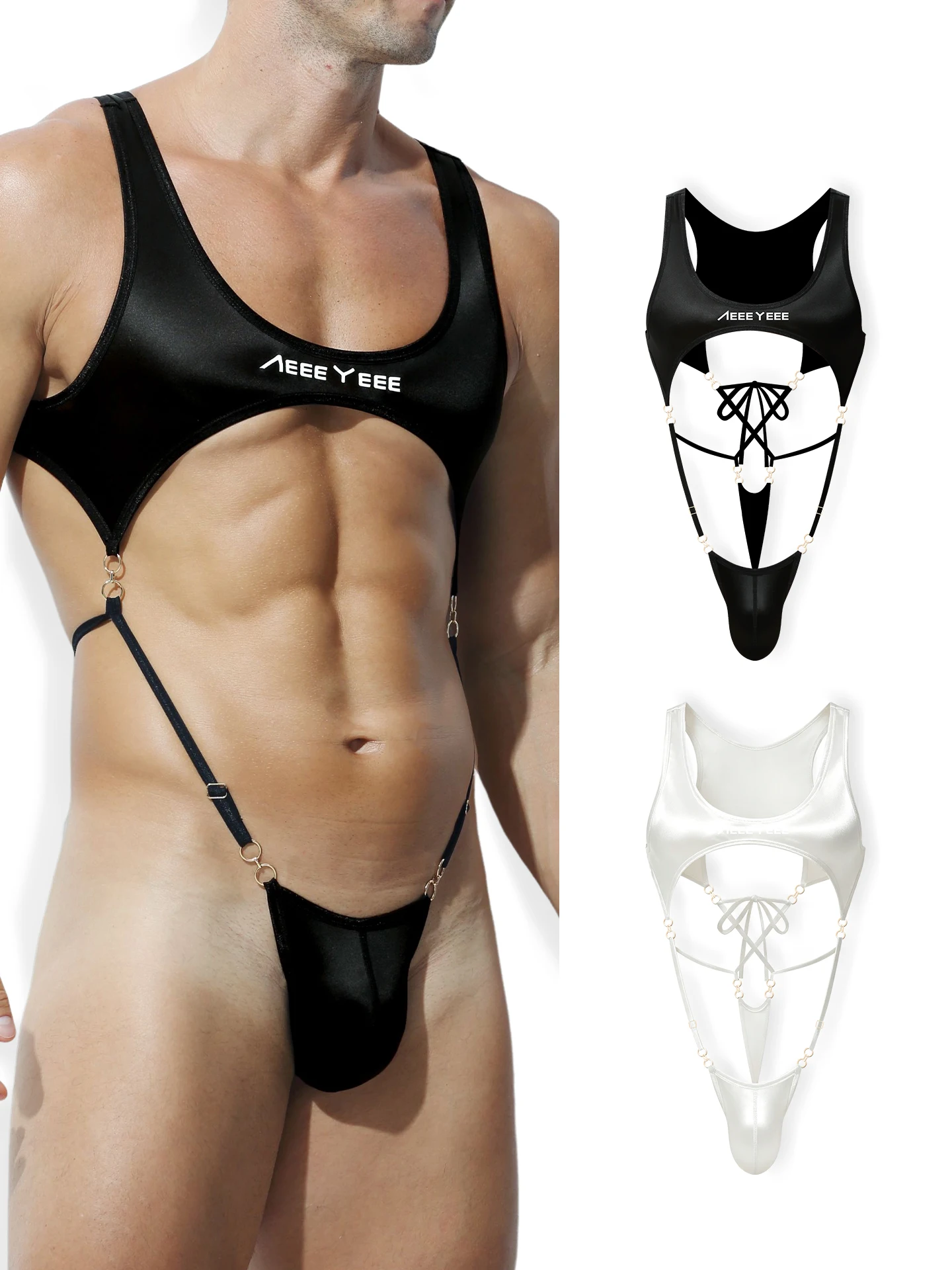 Black White Jumpsuit Ultra-Thin Transparent Tight Boxer Shorts Ice Silk Men's I-Shaped Vest Chest Shapewear