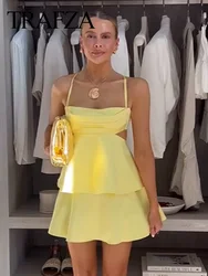 TRAFZA 2024 Woman's Sexy Mini Dress Yellow Square Collar Sleeveless Backless Hollow Out Zipper Summer Dresses Woman Trendy Traf