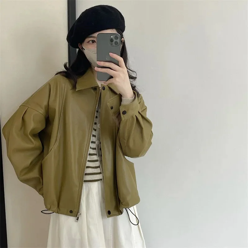 Spring Autumn New Retro Leather Jacket For Women Fashion PU Leather Coat Long Sleeve Short Motorcycle Jacket Outerwear Top