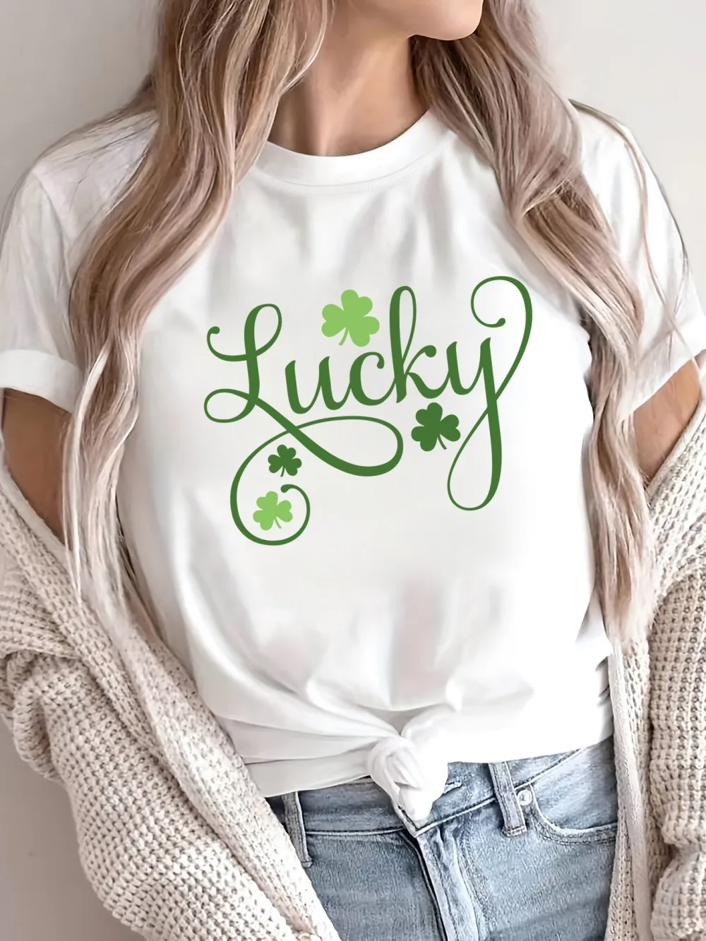 St Patrick'S Day T-Shirts Lucky Four Leaf Clover Prints T Shirts O-Neck Soft Casual Tops Summer Loose Basics Womans Clothing