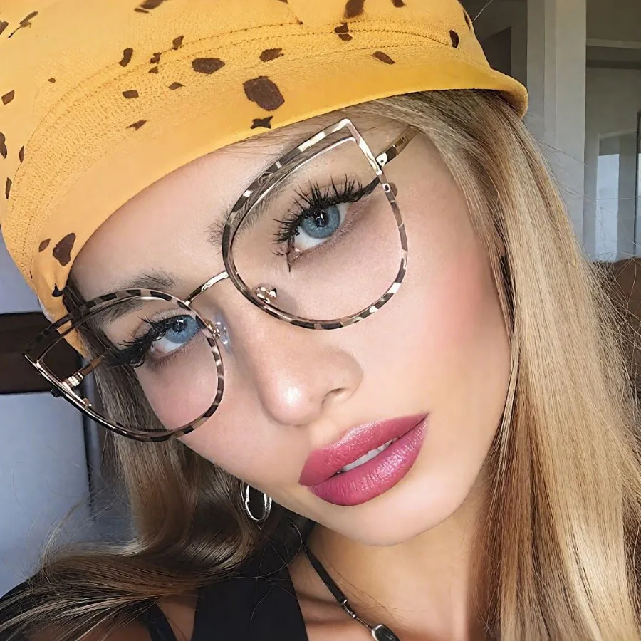 

New minimalist large frame cat eye glasses frame ins retro metal anti blue light glasses for women hollowed out glasses frame