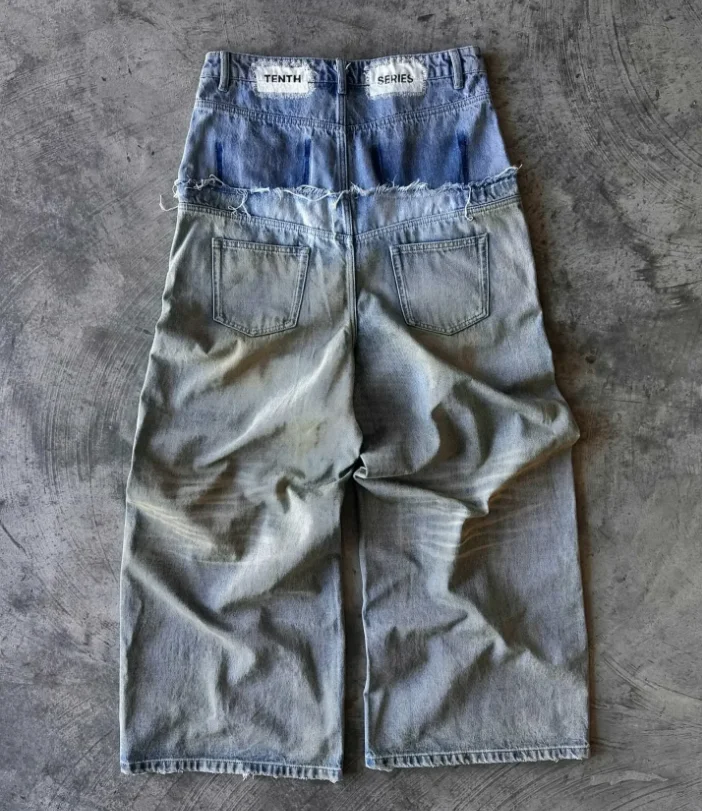 스트리트 힙합 레터 프린트 청바지 남성 y2k 고스 펑크 하라주쿠 찢어진 와이드 레그 팬츠 레트로 루즈 레그 더블 웨이스트 팬츠 w874 ﻿