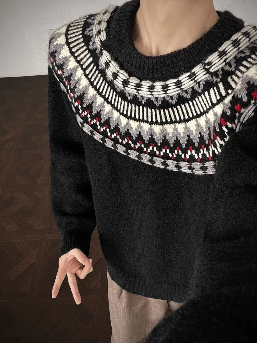 

Retro Sle Couple Knitted Sweater round Ne Tassel American Sle Men's Autumn Winter Warm Soft Geometric Patterned Knitwear