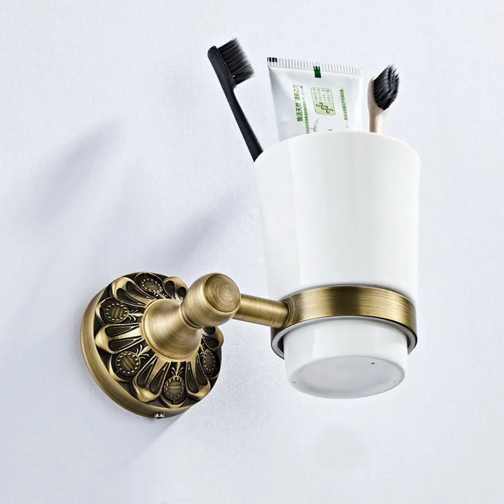 Antique Brass Carved Pattern Bathroom Toothbrush Holder With Ceramic Cup Wall Mounted Bathroom Accessories aba981