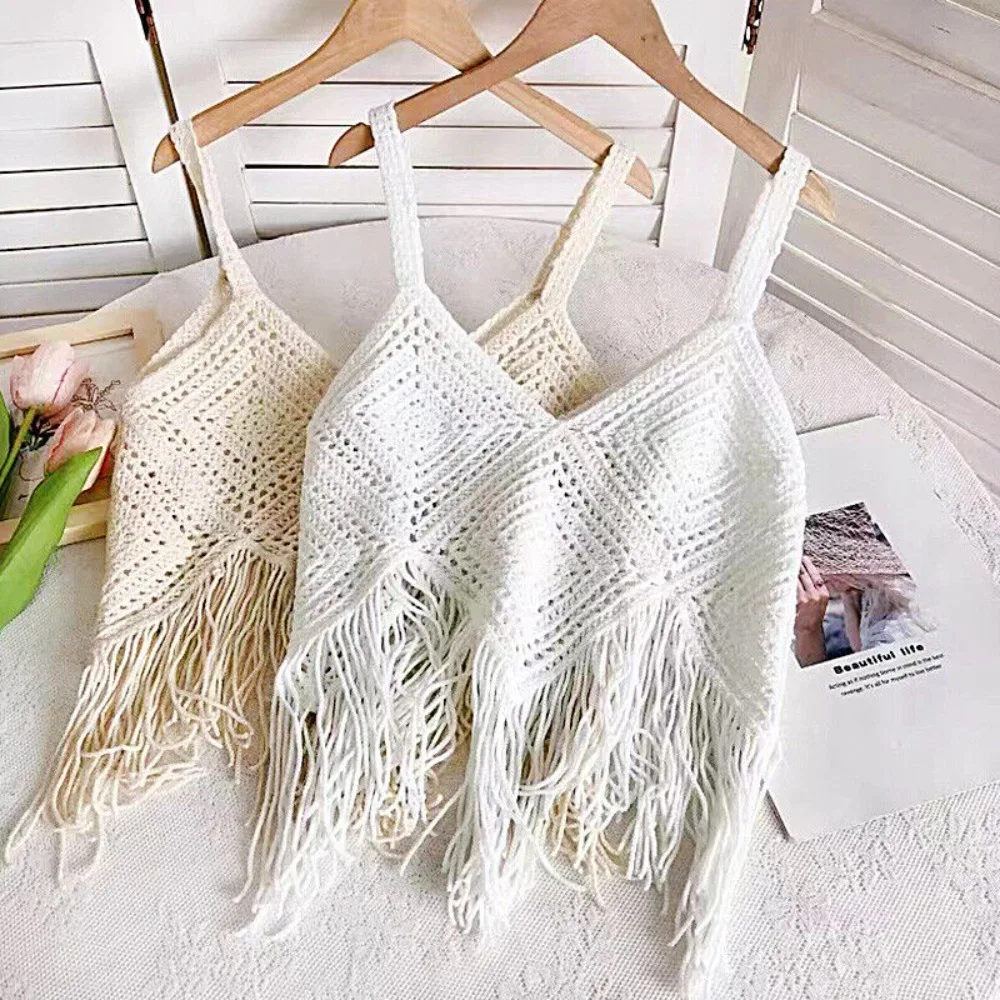 Women Boho Crochet Cotton Cami Halter Tassel Tank Summer Knitted Beach Crop Tops