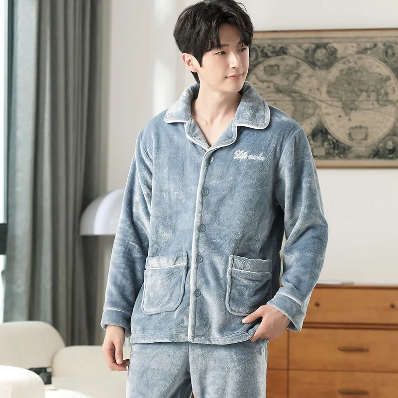 Men's Winter Thickened Fleece Pajamas Coral Velvet Home Clothes Set Long Sleeve Stand Collar Bell Sleeve Couple Matching