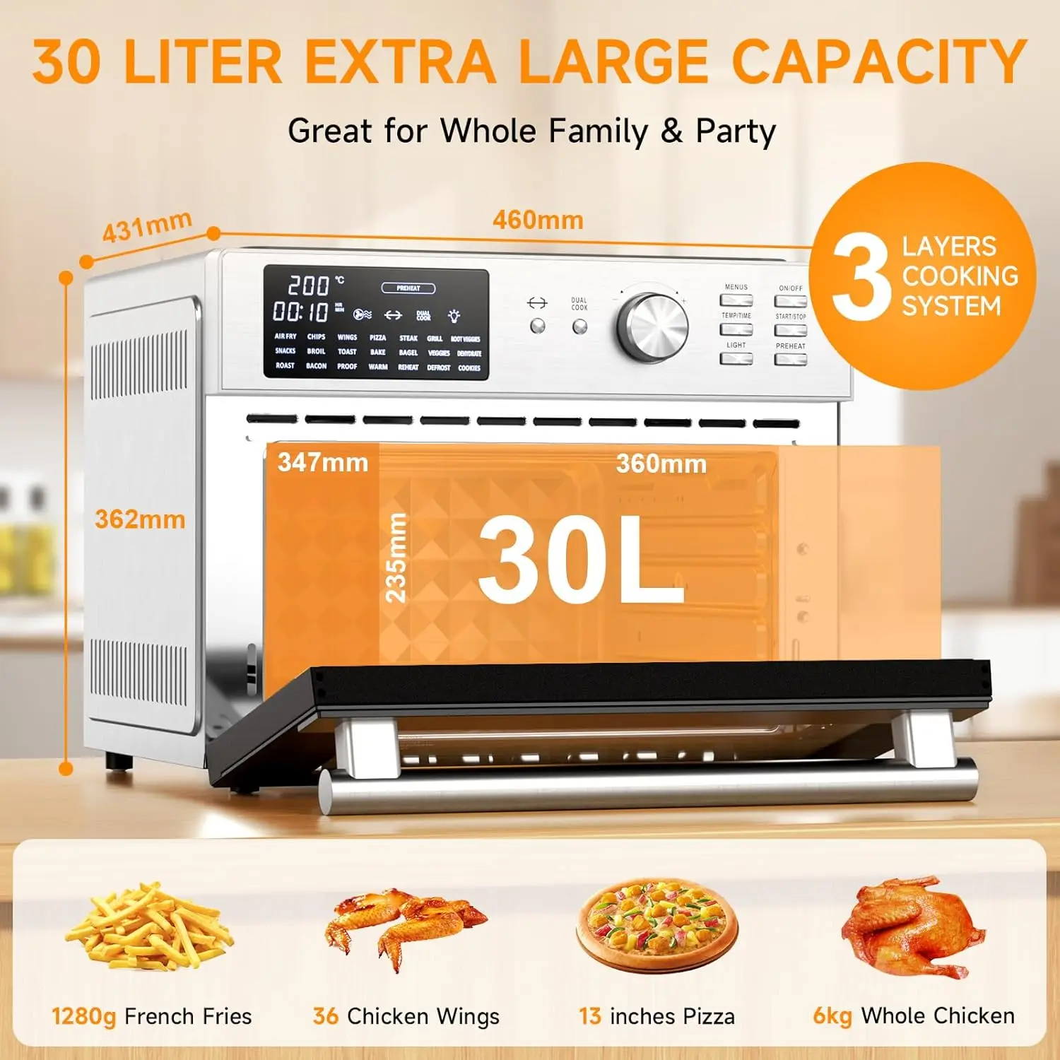 Large Capacity 30 L Air Fryer Oven 1800 W Convection Digital Toaster Oven Combo with Rserie and Dehydrate Modes