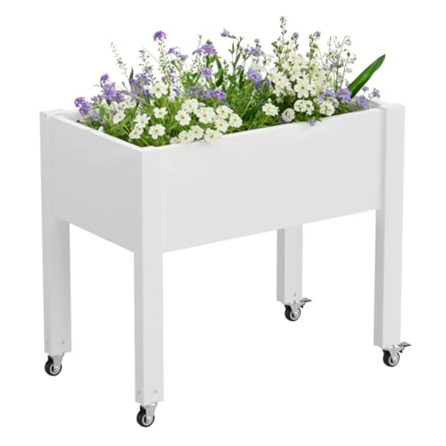 

Elevated Raised Garden Bed with Wheels - Outdoor Mobile Resin Planter Box with Drainage Holes for Vegetables Flower Herbs, Weat