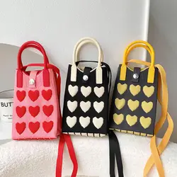 Stylish Handmade Knit Handbag Trendy Shoulder Bag Portable Sweet Love Heart Women Mini Mobile Phone Bag Commuter Cross-body Bags