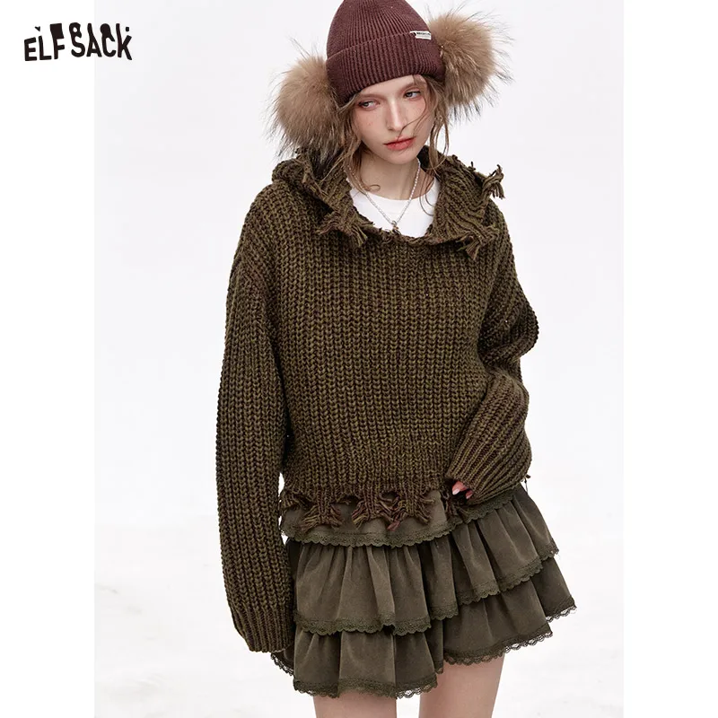 ELFSACK 2024 Winter New Arrivals Sweet and cool loose hooded thickened raw edge short sweater for women