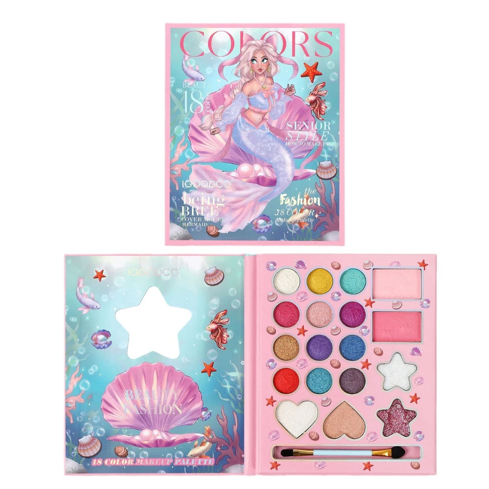 18 Colors Mermaid Princess Matte Eyeshadow Palette with Powder Puff Stick Glitter Blush Eye Shadow Makeup for Stage Performance