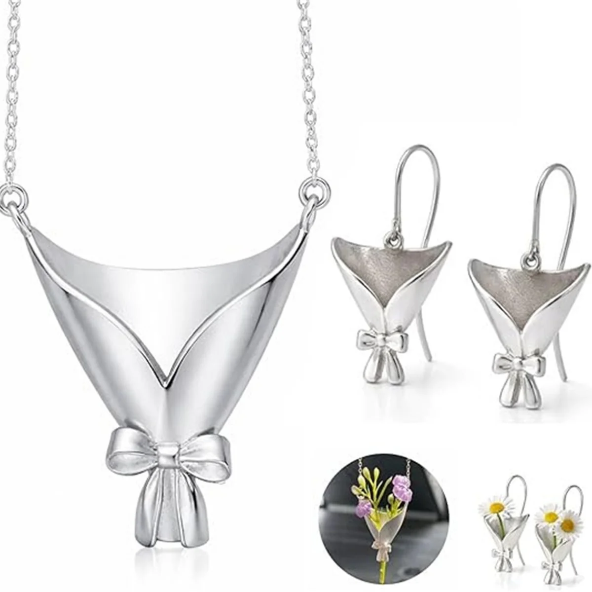 Kreatives Schleifenknoten-Blumenstrauß-Halter-Set in Form eines Anhängers, Halskette und Ohrringe für Damen und Herren, süßes, elegantes DIY-Blumenclip-Schmuckset. – Detail 20