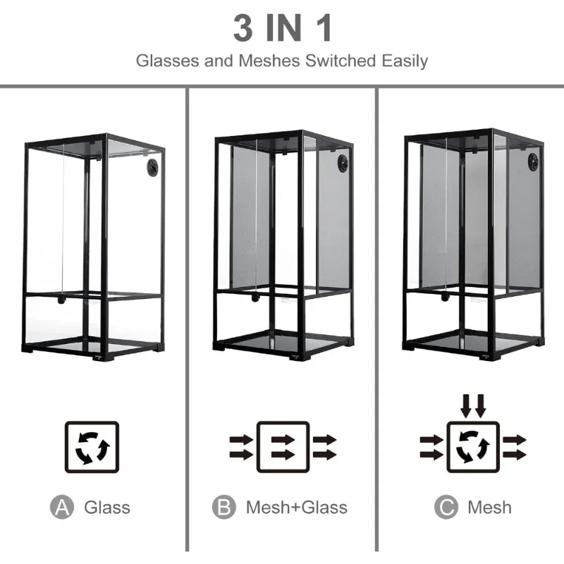 50 Gallon Front Opening Reptile Terrarium 18x18x36 Chameleon Cage with 3-in-1 Side Design Glass Mesh Deep Base Enclosure for