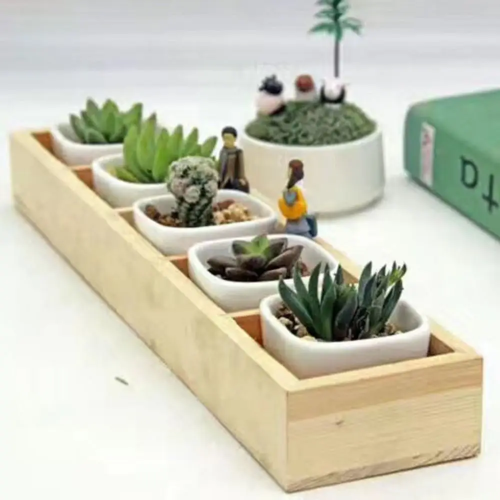 Multifunctional Succulent Flowerpot Tray Wood Plant Pot Stand Desktop Sundries Organizer Cosmetic Tool Storage Divided Drawer