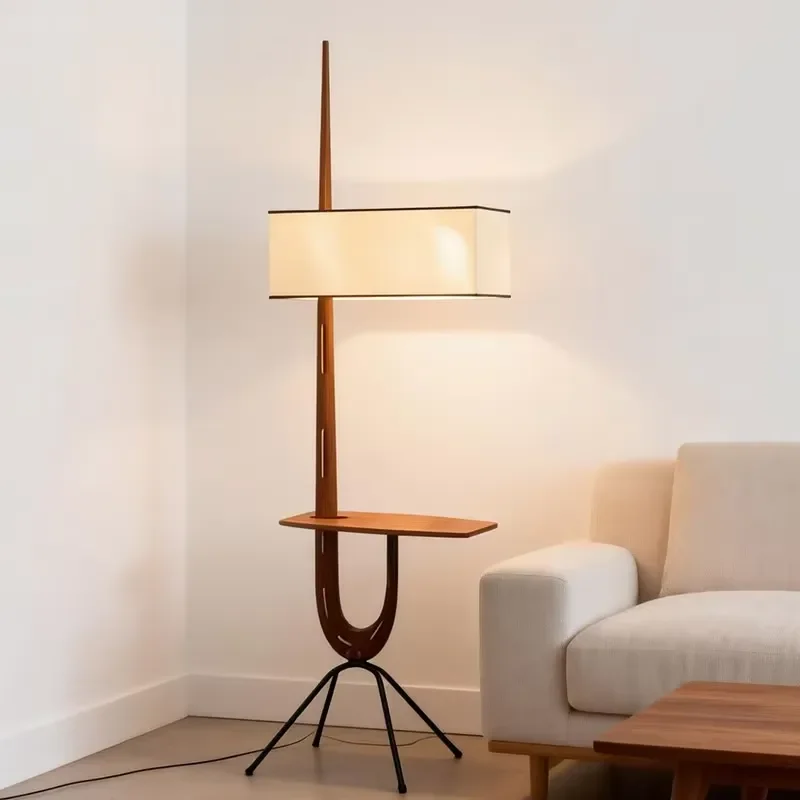 Modern Wooden Floor Lamp with Integrated Shelving and Fabric Shade Multifunctional Tripod Stand Up Light for Living Room