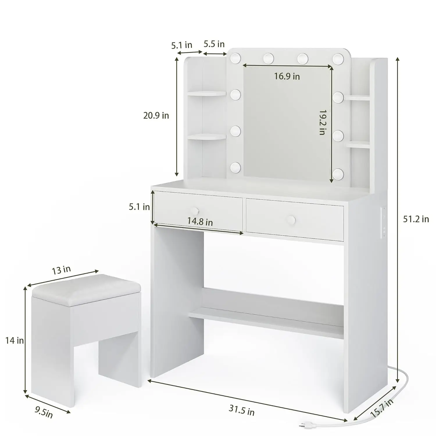 Makeup Vanity Desk with Mirror and Power Outlets, Vanity Table with 3 Color Modes Adjustable Brightness, Dressing Table Set with