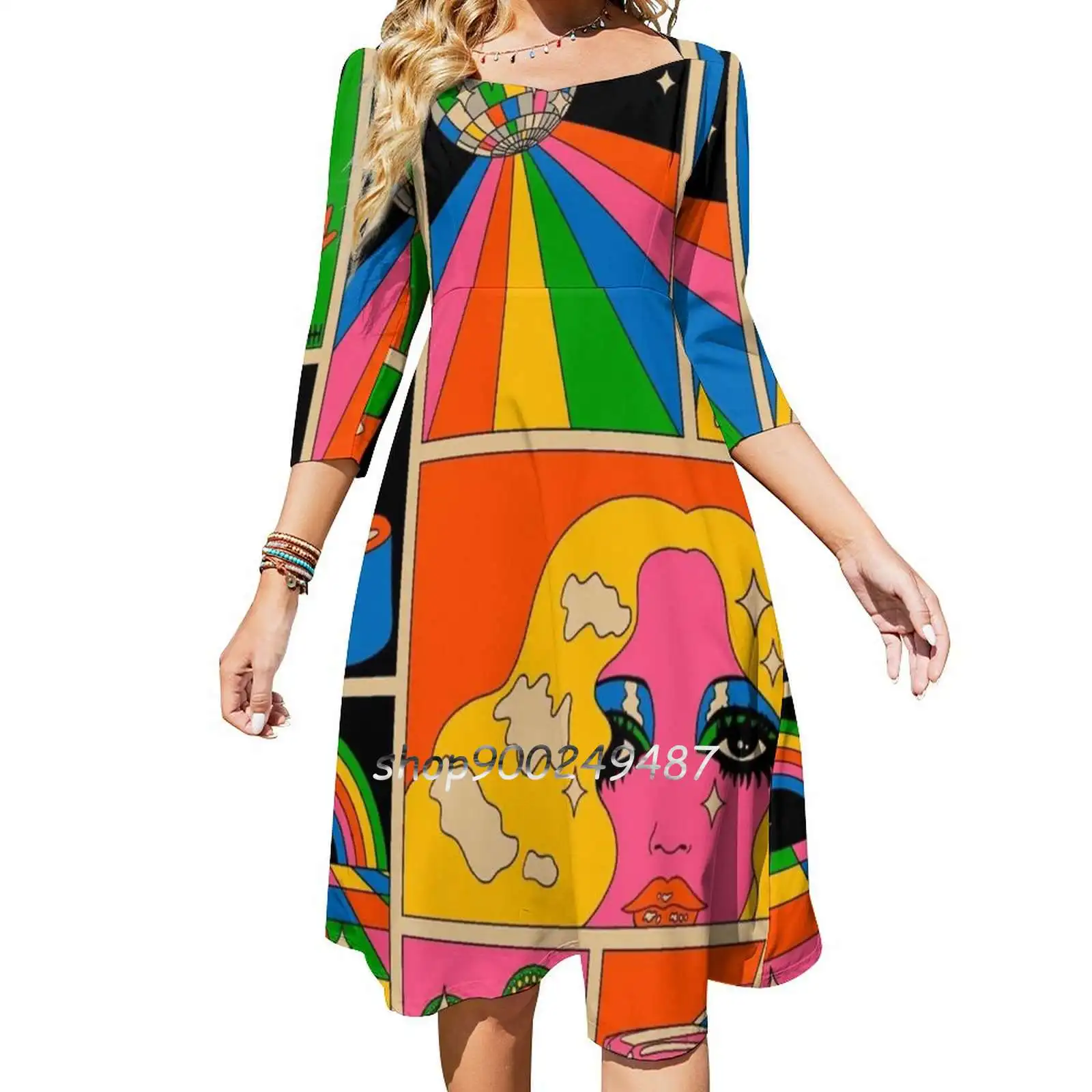 Disco Mood Flare Dress Square Neck Dress Elegant Female Fashion Printed Dress Disco 70S Psychedelic Groovy Retro Rainbow