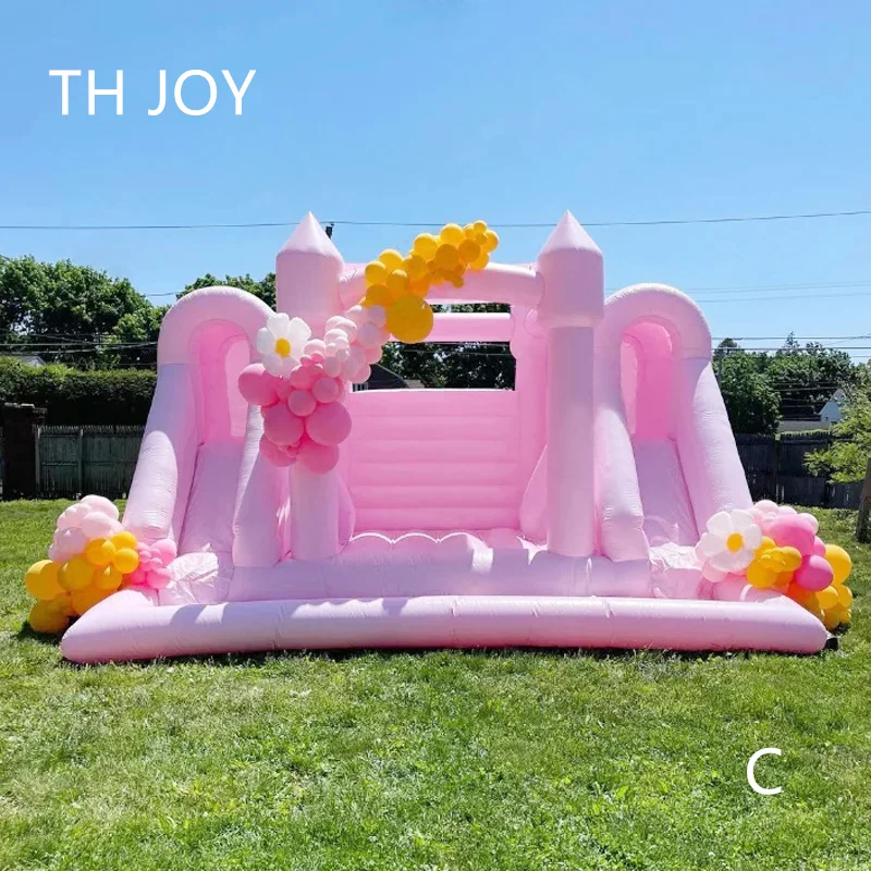 outdoor commercial 5x4m inflatable wedding bouncy castle,pastel pink inflatable jumper house with slides