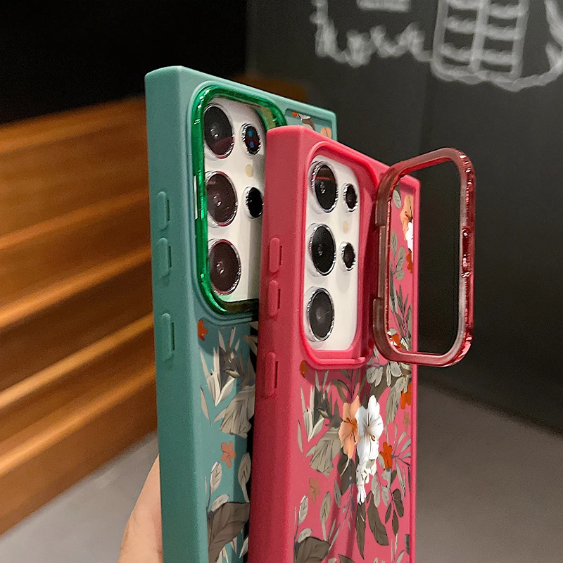 Flowers Print Lens Frame Stand Case For Samsung Galaxy S24 S23 Ultra A55 A15 A25 A35 A14 A34 A52 A53 A54 5G Soft TPU Phone Cover image 3