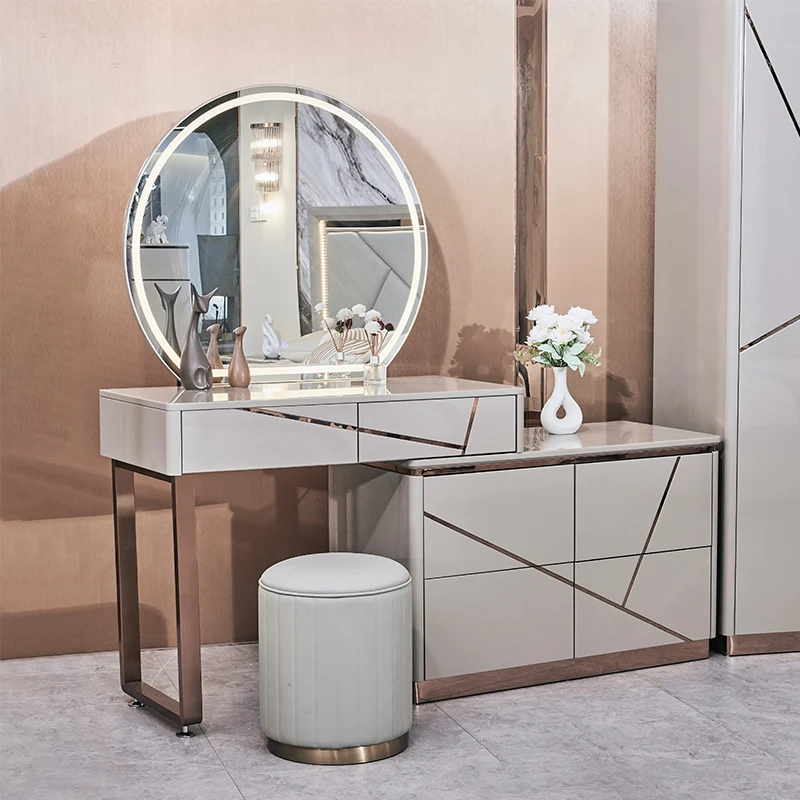 Modern Simple Bedroom Wooden Dresser with Light Emitting Diode Mirror Furniture Large Storage Dresser Set Luxury