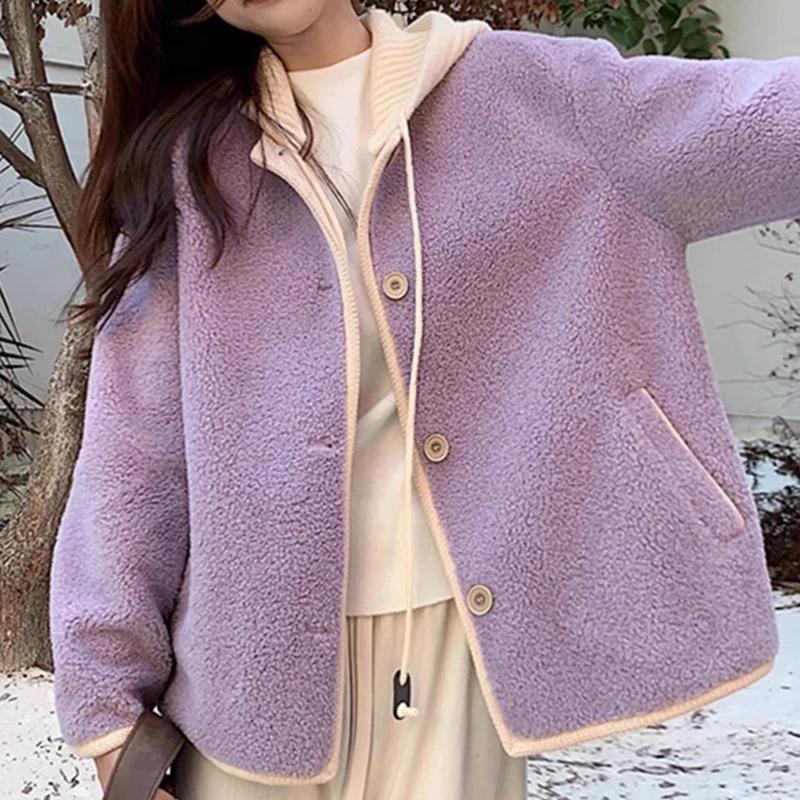 

Женская куртка с капюшоном фиолетового цвета из овечьей вовни, осень 2023, новый высококачественный топ, повседневная простая универсальная верхняя одежда для поездок на работу