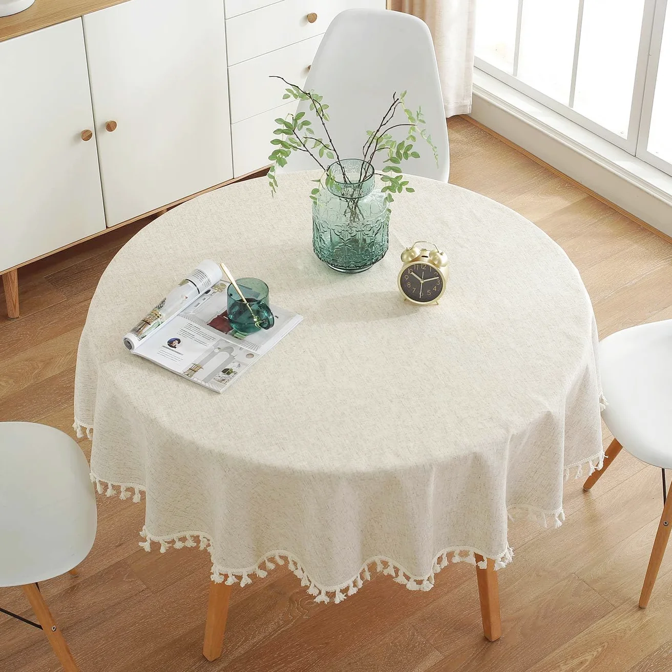 Round Tablecloth Cotton Linen Tassel Table Cover for Kitchen Dinner Table Decora Solid Color Dust-Proof Shrink-Proof Tablecloth