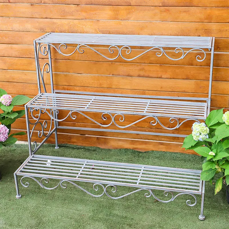 vintage aged horizontal stripe three-story iron bar staircase trellis balcony outdoor floor shelf succulent flower pot