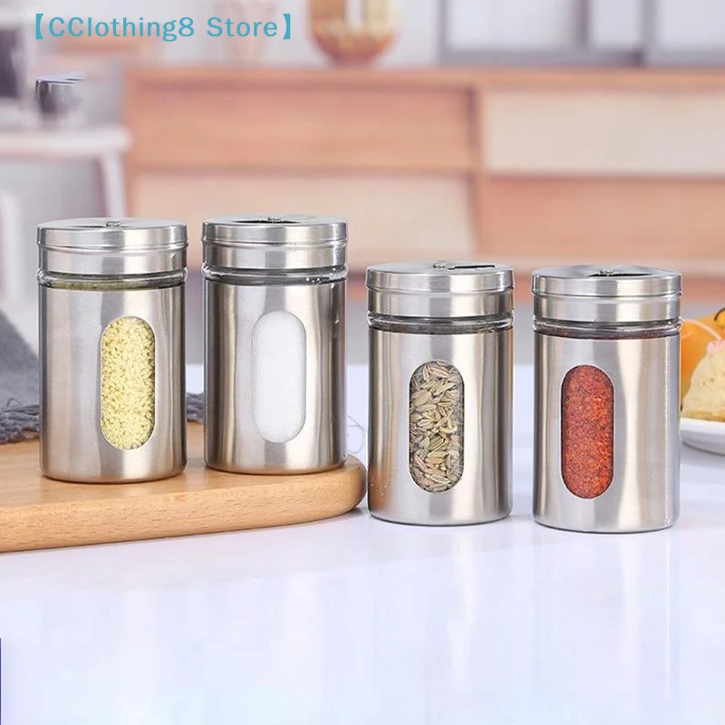 Stainless Steel Spice Shaker with Visual Window Rotating Seasoning Can Salt Sugar Pepper Storage Bottle For Camping BBQ