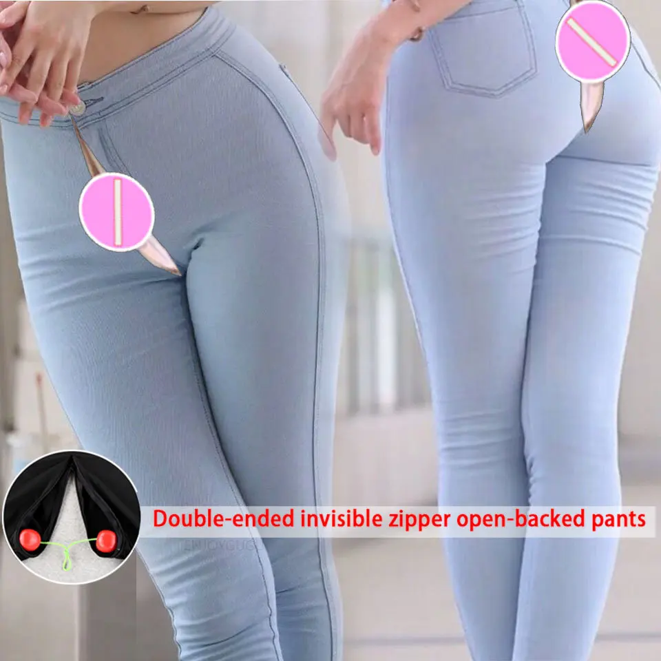 Invisible Front and Rear Open Crotch Jeans Lady's High Waist Elastic Pants Women's Outdoor Convenient Leggings Pencil Trousers