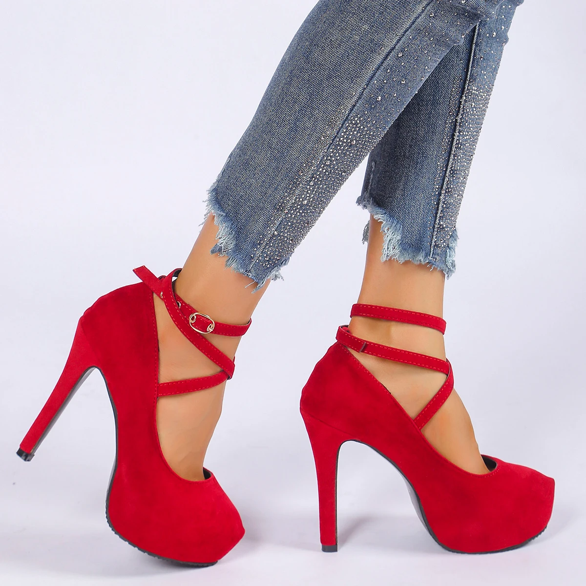 High Heels Women Pumps 2024 New Round Toe Platform Women Pumps Buckle Strap Sexy Stiletto Red High Women Shoes Zapatos De Mujer