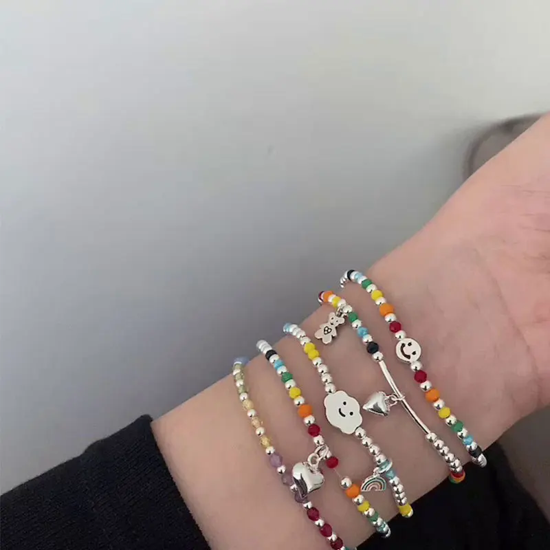 MEETSOFT 925 Sterling Silver Heart Bear Rainbow Colorful Beads Cloud Elastic Rope Bracelets for Women Girl Cute Fine Jewelry