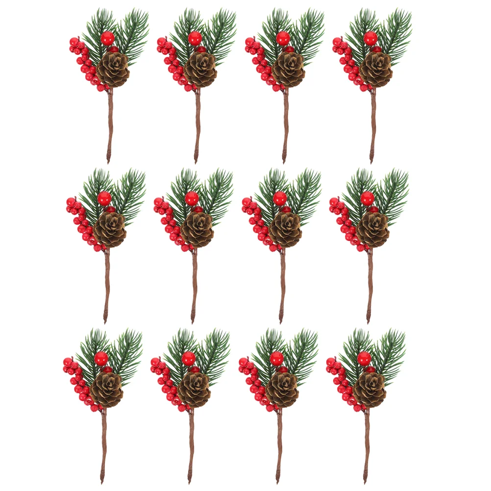 12 Stück künstliche Tannenzapfen Weihnachtsbaum rote Beeren Picks Kegel Blumen zum Basteln Schaum grüne Nadeln Blumendekor Zubehör