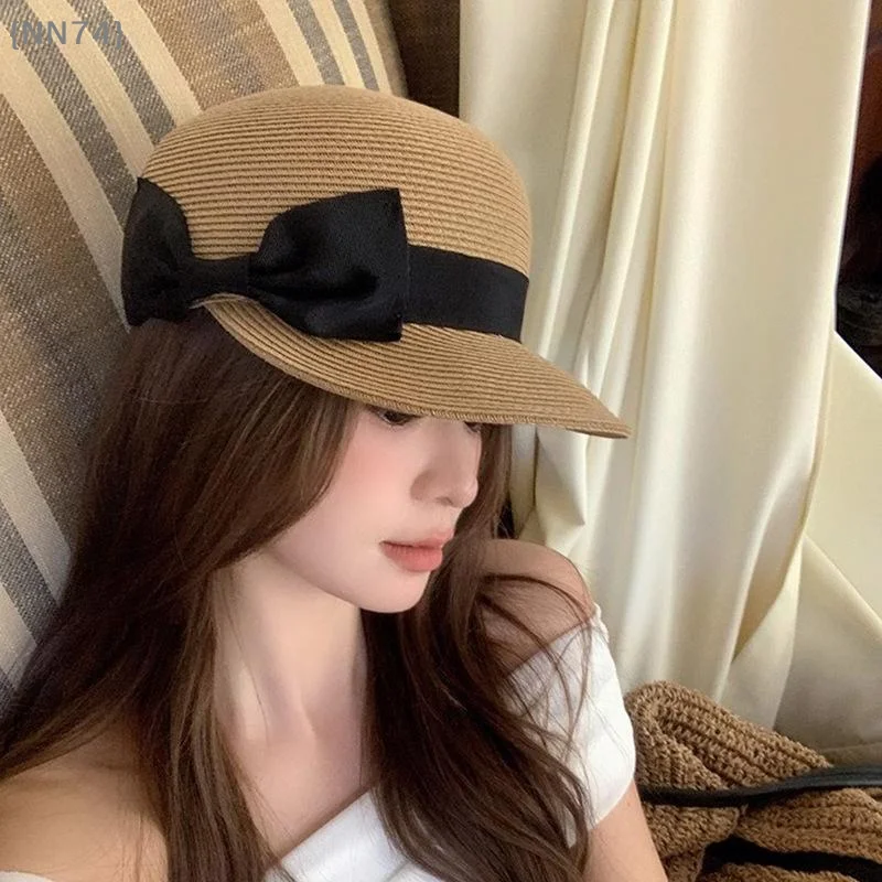 【NN74】Summer Straw Hat for Women Outdoor Travel - Vintage Bow Top French Flat Sun Visor Cap for Beach Vacation【W4】