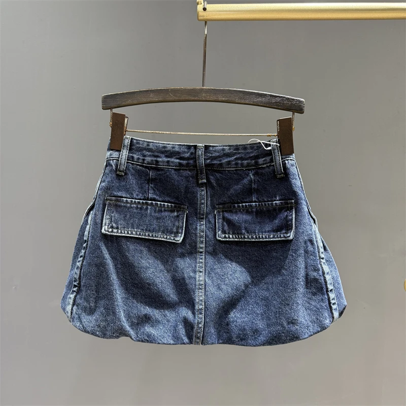 Personalized pocket cargo denim short skirt for women's autumn new retro age reducing trendy slimming floral bud skirt