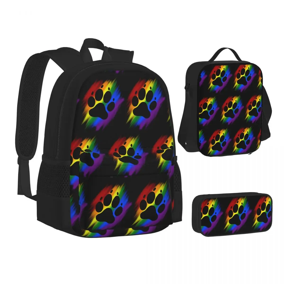 

Rainbow Pup Paw Dark Print Backpacks Boys Girls Bookbag School Bags Kids Rucksack Lunch Bag Pen Bag Three-Piece Set