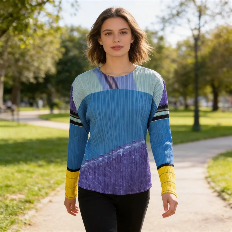 

Miyake Pleated City Collage Round Neck Long Sleeved Top T-Shirts Women's Clothing